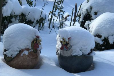 Große Keramikhennen mit Schneepelz